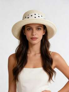 1pc Women's Summer Minimalist Vintage Polka Dot Bow Ribbon Rolled Brim Outdoor Sun Protection Straw Hat, Summer Hot-Selling New Fashion Easy-To-Care-For Face-Slimming Outdoor Sun Protection Beach Straw Hat, Comfortable Casual Suitable For Outings, Gatherings, Shopping, Travel, Vacation And Other Occasions - Multicolor - View 11