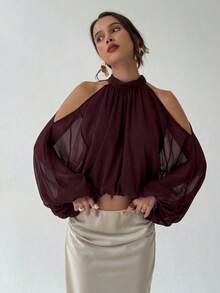 Blusa de satén de manga larga para mujer, color blanco lechoso y champán sólido, diseño de manga abullonada, elegante y sexy para fiestas, oto - Blanco - Ver 4