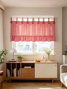1PC Cute Korean-Style Red Cherry-Two-Color Checkered Patterned Short Curtains,Skirt Small Curtains For Door,Window,Kitchen Cabinet, Oven Partition,Home Drape Decor - Red - View 8