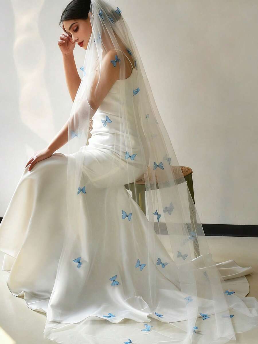 1pc Blue Butterfly White Long Bridal Veil With Hair Comb, Suitable For Church Wedding, Wedding Photography Accessory