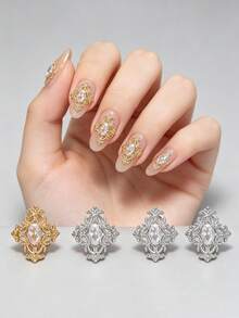 5pcs European Court Style Four-Leaf Clover Nail Art Decor, Copper Inlaid Zirconia Exquisite Hollow 3D Four-Leaf Clover Nail Gem Accessories, Rhinestone Nail Art Accessories, Y2K Multi-Function DIY Decoration Accessories, Fake Nail Art Decorations, Summer Nail Art Supplies - Multicolor - View 7