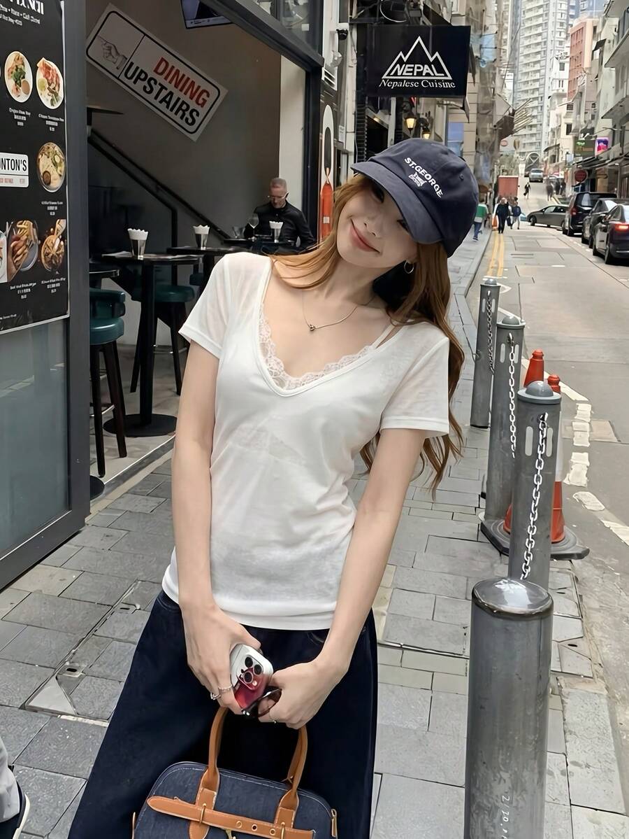 夏季V領防曬層搭百搭短袖T恤女款上衣白色 - 白色 - 查看 1