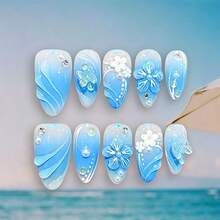 10片中號杏仁形夏季海灘風穿戴甲，藍白漸層搭配3D花朵、蝴蝶、水鑽與珍珠，亮面可重複使用女款美甲套組 - 彩色 - 查看 7
