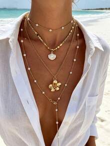 4pcs/Set Bohemian Style Metal Zinc Alloy Resin Faux Pearl Flower Pendant Necklace Set, Suitable For Women's Daily Wear, Niche Gift - 32824-nek-g-eP - View 3