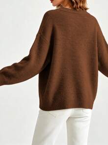 Plus Size Women's Essential V-Neck Long Sleeve Sweater - Must-Have Autumn/Winter Wardrobe Item - Coffee Brown - View 5