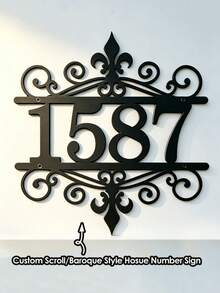 3 Sizes Available! Customized Metal Door Number Plate, Scroll/Baroque Style Front Door Number Plate - House Number Plate - Black - View 2