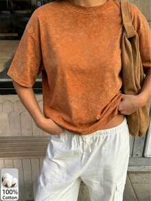 Women's Casual Knitted Short Sleeve T-Shirt, Distressed Orange Round Neck, Cute & Elegant Top, Suitable For Autumn Wear, Medium Stretch Fabric, Outdoor, Y2K, Street Style - Orange Red - View 6