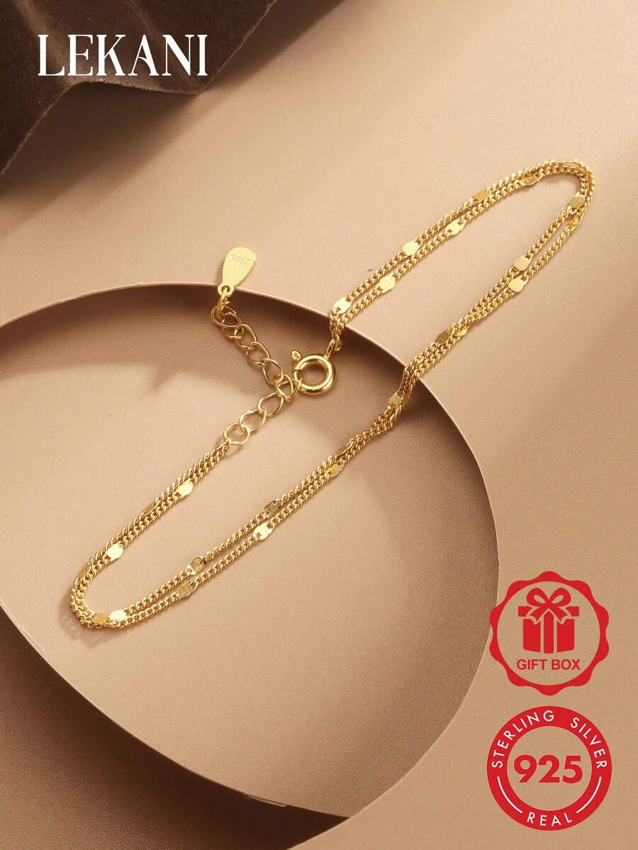 LEKANI S925 純銀手鍊 1件 極簡時尚雙層設計 精緻鍍金銀飾 女士珠寶配件 送女友禮物 - 金色 - 查看 1