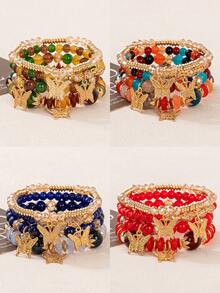 4 piezas/Set Pulsera de cuerda elástica con cuentas y colgante de mariposa de aleación estilo bohemio multicapa Temporada de regreso a la escuela - Multicolor - Ver 4