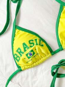 Y2K BRASIL 字母印花掛脖比基尼套裝 綠色滾邊 側綁帶 高衩 海灘泳衣 度假夏季款 - 黃綠色 - 查看 5