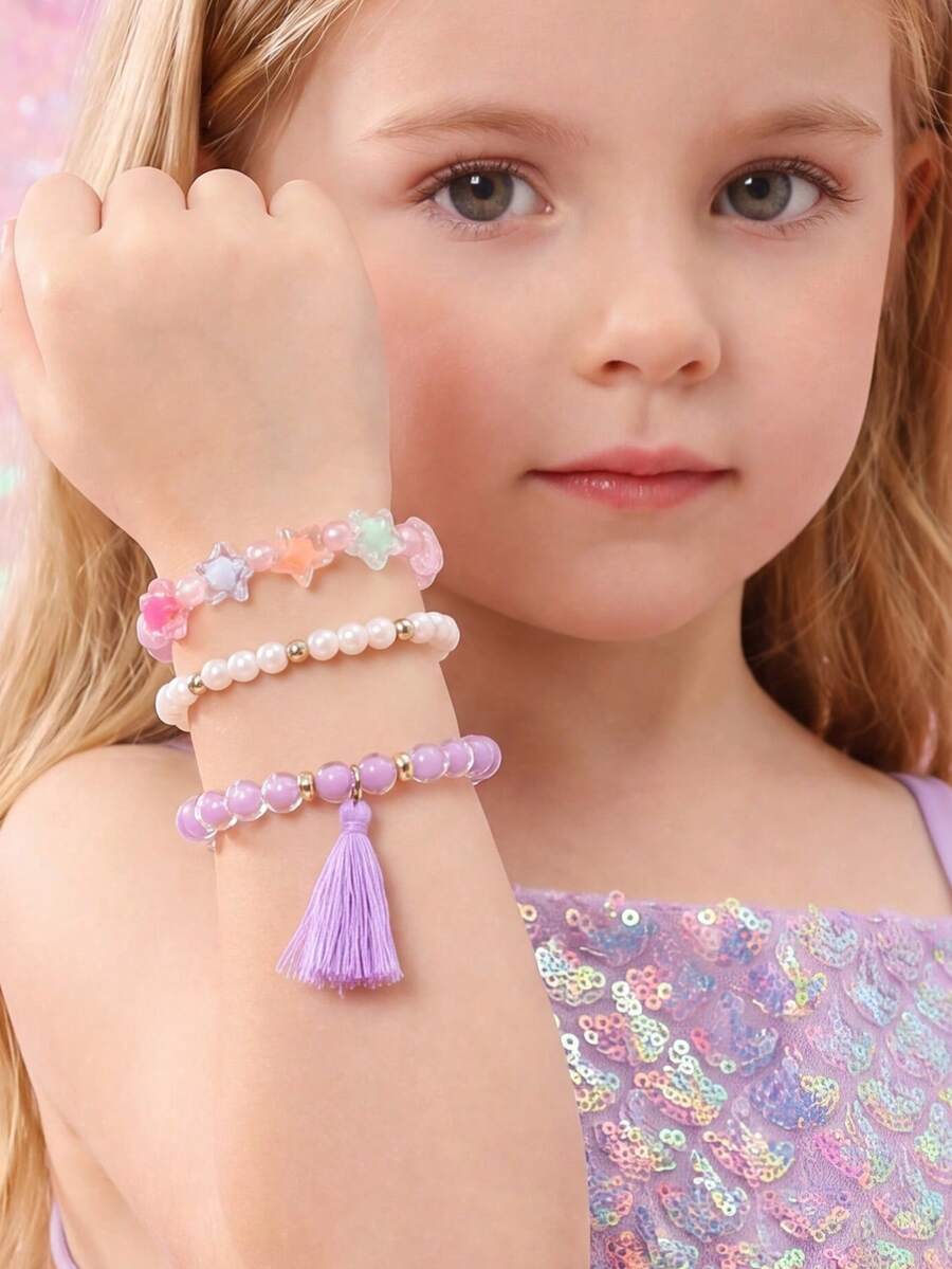 3pcs/Set Girls Cartoon Bow Colorful Beads Beaded Bracelet Set Combination Suitable For Daily Decoration - Multicolor - View 1