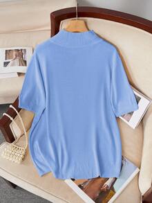 [Tops]BuyK Plus Size Women's Elegant High Neck Short Sleeve Knit Top, Soft Fabric, Classic Versatile, Suitable For Multiple Occasions Summer - Sky Blue 1 - View 6
