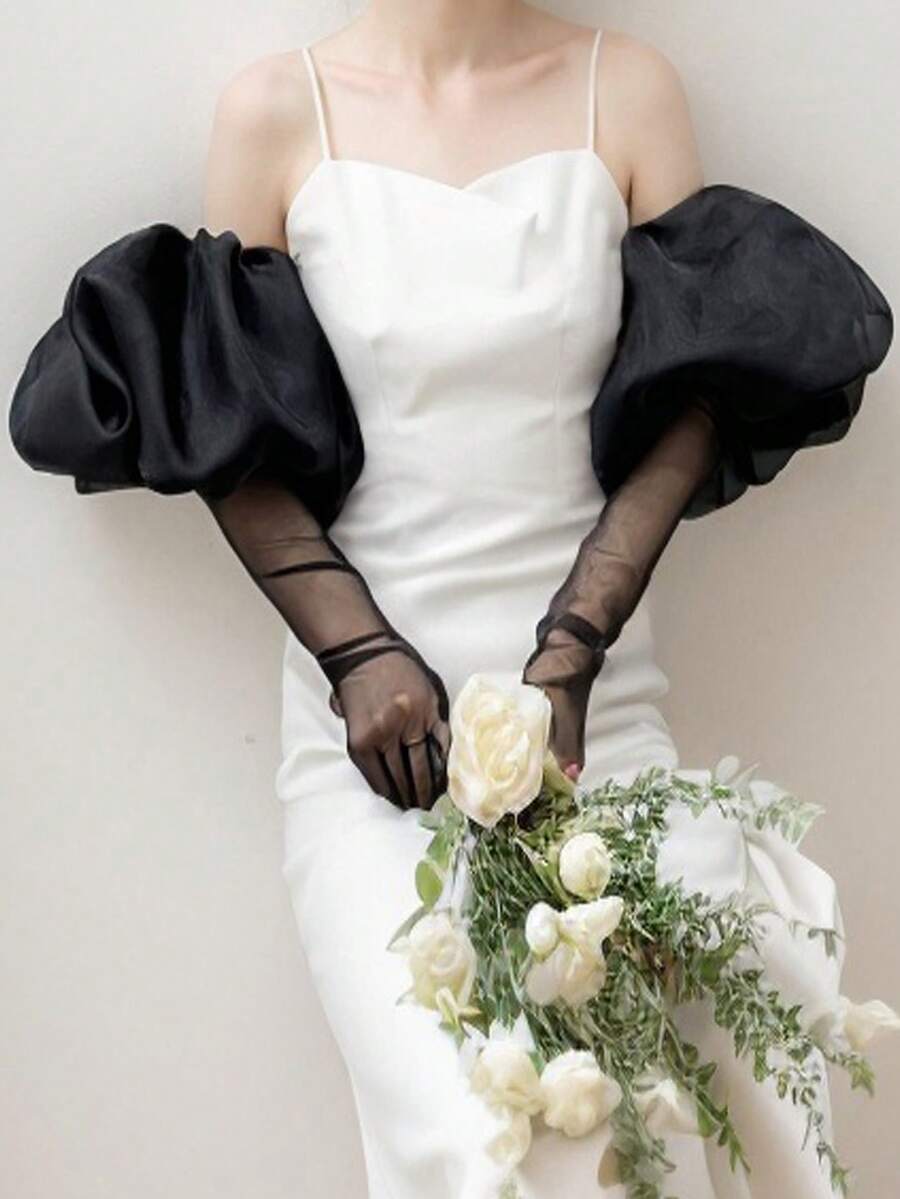 1pc White Organza Puff Sleeve 2pcs Elastic Bridal Sleeve Covers + Gloves - Multicolor - View 1