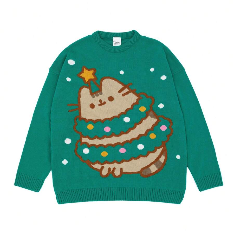 Pusheen Womens/Ladies Knitted Christmas Sweatshirt - Green - View 1