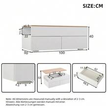 Coffee Table 100 X 50 X 40 Cm, Height-Adjustable Coffee Table With Concealed Storage, Living Room Table With 2 Drawers, Side Table With Semi-Open Storage, White And Wood Bedside Table. - White - View 5