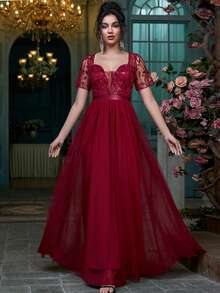 Women's Mesh Patchwork Pleated Elegant Cinched Waist Evening Bridesmaid Dress - Burgundy - View 1