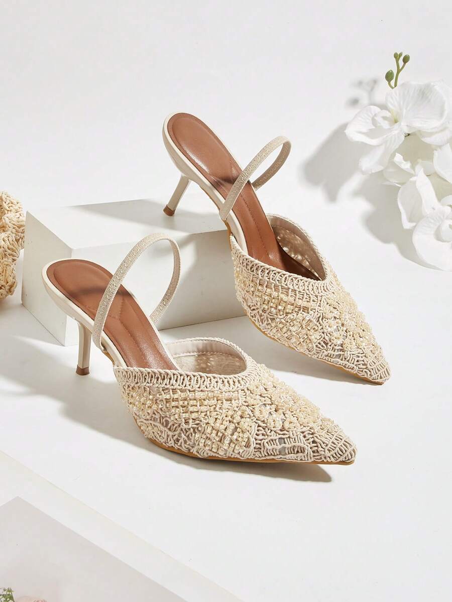 Apricot Pointed Toe Closed Toe Crochet Beaded Luxury Middle Eastern Mule Shoes Wine Glass Heel Stiletto High Heels - Apricot - View 1