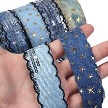 Pita Denim Bergelombang Tepi 5 Yard/Gulungan - Pita Kerajinan DIY, Digunakan untuk Busur, Dekorasi Tas Hadiah Liburan dan Aksesoris Dekorasi Rumah | Pita Dekorasi Rumah | Pita Pola Bintang | Pita Poliester, Dekorasi Pita - anyaman denim - View 3