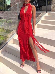 Women's Sleeveless Halter Maxi Dress With Ruffles, Open Back, Fitted Waist & High Slit For Summer/Fall Parties, Weddings & Proms - Red - View 8