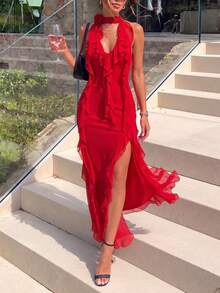 Women's Sleeveless Halter Maxi Dress With Ruffles, Open Back, Fitted Waist & High Slit For Summer/Fall Parties, Weddings & Proms - Red - View 2