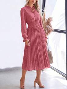 PRETTYGARDEN Women's Spring Fall Midi Dress Casual Long Sleeve V Neck Swiss Dot Pleated A Line Flowy Dresses New Years Party Valentine Vacation Dresses For Women - 粉色 - 查看 4