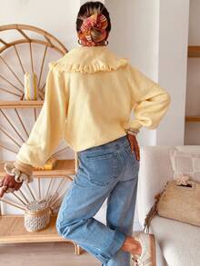 Women's French Style Ruffle Collar Knit Blouse, Long Puff Sleeve Button Drawstring Casual Top, Soft Solid Color Autumn Daily Wear - Yellow - View 2