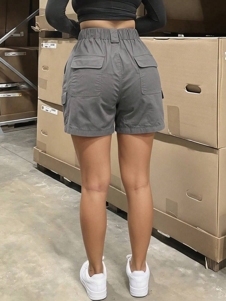 Casual Cargo Daily Women's Grey High Waist Cargo Shorts, Casual Solid Color Utility Mini Bottoms, Streetwear & Everyday Outfits - 銀色 - 查看 1