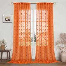 1pc White Cute Pom Pom Semi-Sheer Curtain, Rod Pocket Style, 3D Pom Pom Embroidery Design, Light-Filtering Non-See-Through Curtain, Soft Washable Polyester Material, Suitable For Bedroom, Living Room, Kitchen, Office And Dorm Home Decor - Orange - View 2