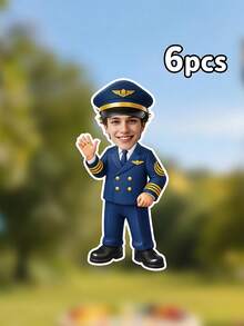 6/12/18pc Custom Photo Pilot Uniform Banner Garland, Personalized Boys Aviation Birthday Face Cutout Bunting, Blue Gold Airplane Themed Party Decor, Kids Birthday Photo Booth Prop,1st Birthday,Aviation Themed Baby Shower,Birthday Gift,Party Supplies - Multicolor - View 9