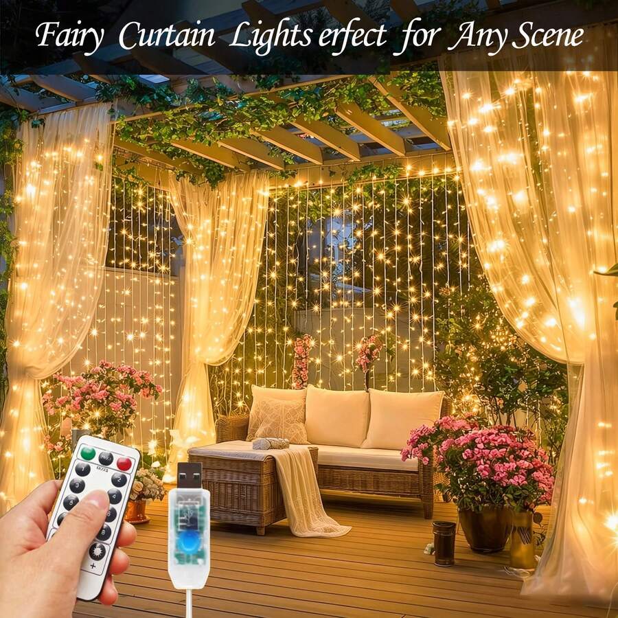 臥室窗簾燈 300 LED/600 LED 掛式串燈,戶外/室內聖誕仙女窗簾燈,適用於宿舍、牆面、背景、窗戶、婚禮、派對、生日裝飾,8 種模式控制,USB 供電 - 串燈 - 查看 1