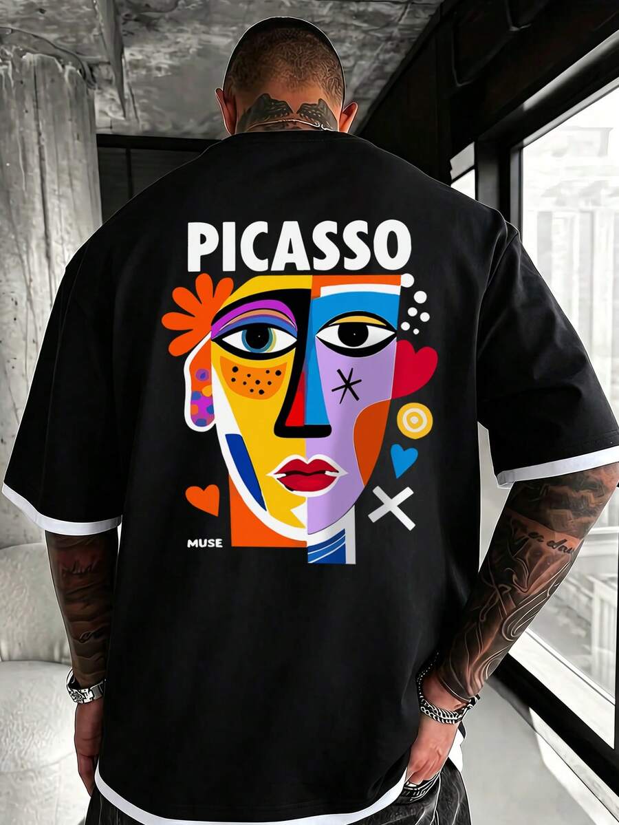 Men's Retro Patchwork Pattern T-Shirt With Abstract Print, Suitable For Daily Wear