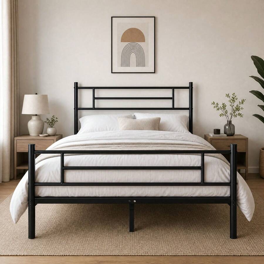 Sour Lemon Metal Bed Frame, Guest Bed Frame, Modern Youth Bed With Slatted Frame, For Bedroom, Guest Room, 140 X 200 Cm, Black - 黑色 - 查看 1