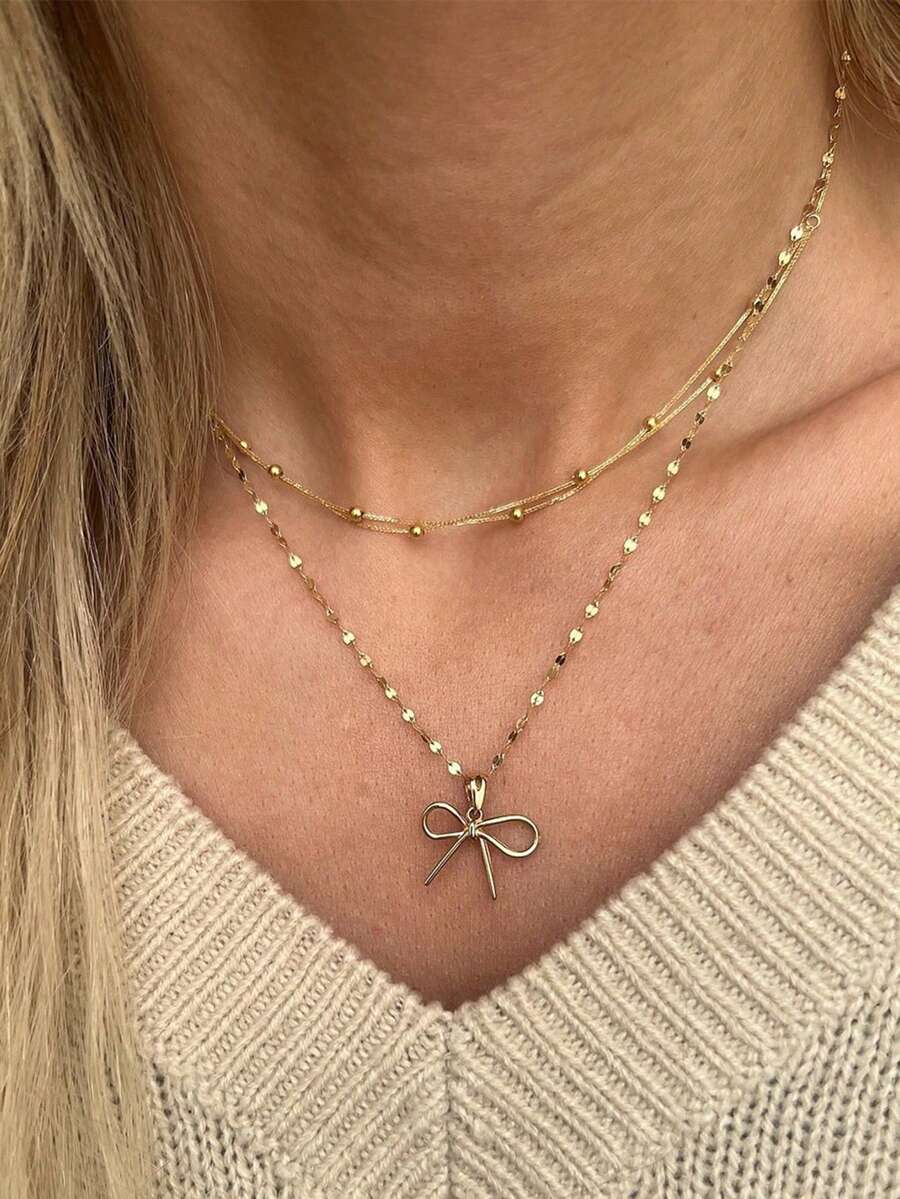 1 pieza Collar con colgante de lazo de acero inoxidable minimalista de moda chapado en oro de 18K, gargantilla de cadena de cuentas multicapa de lujo pequeña - Dorado - Ver 1