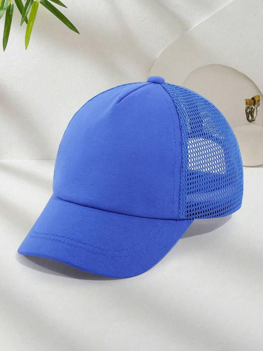 1 pieza Gorra de béisbol de malla de unicolor para niños, sombrero de sol transpirable y ajustable, adecuado para niños - azul real - Ver 1
