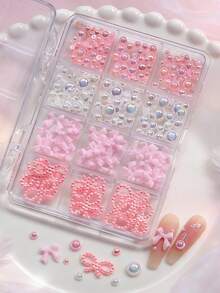 12 cuadrículas/Caja Encantos de Uñas 3D Dulces Mezcla de Perlas&Resina Lazo Tamaños Mixtos Blanco/Rosa Aurora Media Perla Lazo Arte de Uñas DIY Kawaii Perla Lazo Partes de Manicura - Multicolor - Ver 7