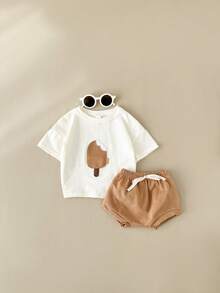 Newborn Baby Boy Girl Ice Cream Applique Casual Short Sleeve T-Shirt And Shorts Set, 2-Piece Summer Outfit - Beige - View 11
