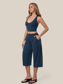 TimeOff Women's One Set Solid Color Built-In Padded Cropped Tank Top With Side Pockets And Pleated Waist Wide Leg Mid-Length Pants Sports Set - Blue - View 9