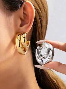 1 Pair Fashionable Minimalist Metal Hoop Clip On Earrings, Suitable For Women Without Pierced Ears, Everyday Wear - Hoop Earrings - View 14