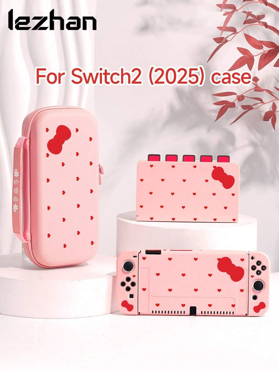 新款 Switch 2 (2025) 遊戲主機配件,1個粉色愛心單面蝴蝶結印花圖案保護殼/保護套,相容於 Switch 2/Switch NS/Switch OLED/Lite,適用於 Switch 2代/Switch 遊戲主機配件,全套,收納袋,遊戲卡盒,Switch 保護殼,給 Switch 玩家的最佳禮物 - 彩色 - 查看 1