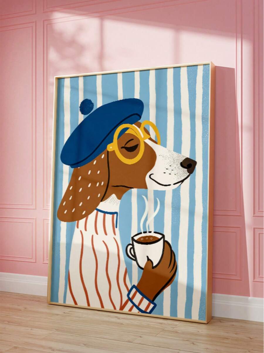 1pc Frameless Fashionable Dog Wall Art Print, Funny Vintage Animal Poster, Striped Background, Suitable For Decorating Bedroom, Living Room, Dorm, Personalized Poster Wall Art, College Dorm Back To School Essential - Frameless E - View 1