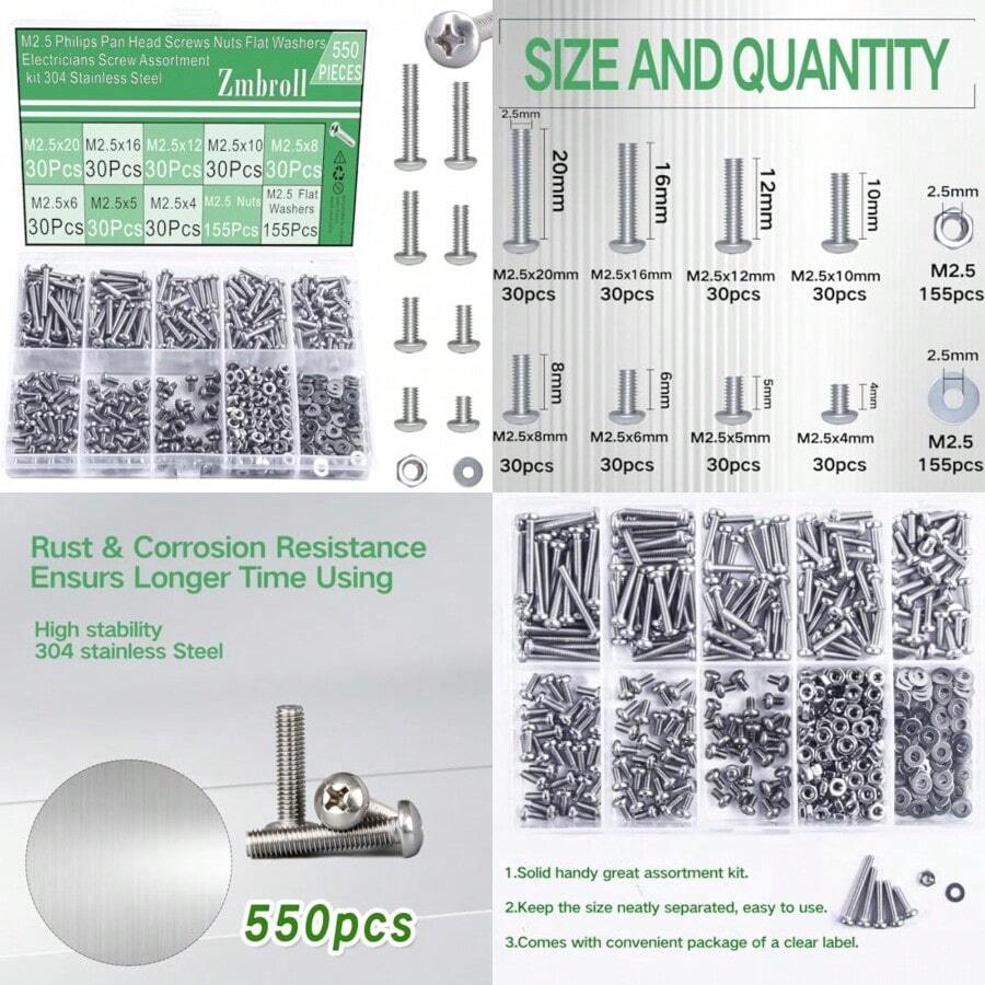 M2.5  パンヘッド小ねじ M2.5x4/5/6/8/10/12/16/20mm メートル法304ステンレススチールねじ 全ねじファスナー ボルトナットとフラットワッシャー詰め合わせキット 550個 - 写真の通り - チェックする 1