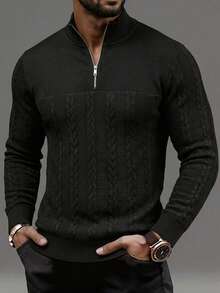 Mercer Haus Men's Old Money Aesthetic Solid Quarter Zip Polo Collar Cable Knit Sweater - Black - View 3