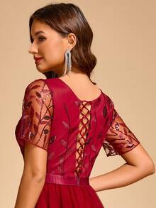 Women's Mesh Patchwork Pleated Elegant Cinched Waist Evening Bridesmaid Dress - Burgundy - View 9