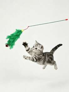 Cat Toy Red & Green Christmas Tree Teaser Wand With Bell, Interactive Pet Toy With Colorful Feathers, Indoor Cat Exercise Toy, No Battery Required, Suitable For All Seasons, Pet Supplies, Cat Entertainment Product, Universal For All Stages - View 2