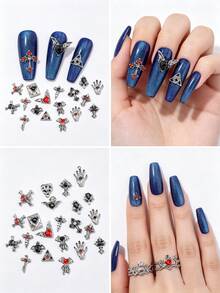 10pcs Dark Gothic Style Alloy Cross Nail Art Charms, European And American 3D Glitter Skull & Heart Nail Gem Decorations, Rhinestone Nail Accessories, Y2K Multi-Functional DIY Nail Decor, False Nail Art Supplies, Summer Nail Art Accessories - Multicolor - View 10