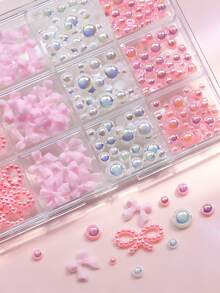 12 cuadrículas/Caja Encantos de Uñas 3D Dulces Mezcla de Perlas&Resina Lazo Tamaños Mixtos Blanco/Rosa Aurora Media Perla Lazo Arte de Uñas DIY Kawaii Perla Lazo Partes de Manicura - Multicolor - Ver 5