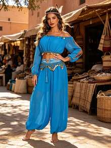 Belly Dance Performance Costume Off-Shoulder Chiffon Top + Coin Harem Pants, Handmade Style Festival Outfit Suitable For Fusion, Exotic Theme Events And Renaissance Fairs (Multiple Colors Available) - Multicolor - View 4