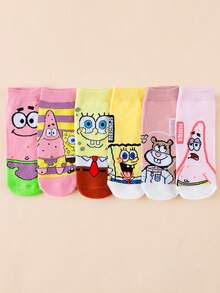 SpongeBob SquarePants 1/5/8/12 pares de calcetines de tobillo para mujer con personajes completos aleatorios, tonos de color macaron, calcetines versátiles casuales para uso diario - Multicolor - Ver 3
