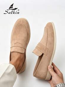 Salkin 男士奢華設計師便貨樂福鞋 一腳蹬 純色柔軟麂皮休閒鞋 平價奢華現代生活款 舒適透氣 防滑耐磨底 時尚優雅紳士社交鞋 日常穿著 學生畢業典禮大學風 商務正裝鞋 男士辦公派對宴會 春夏秋季鞋款 尺碼偏小 建議選擇大一號 - 米色 - 查看 7