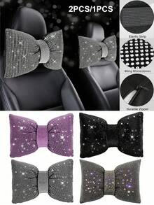 2pcs/Set 1pc Shiny Car Pillow - Car Headrest Bow Neck Support Pillow, Suitable For Drivers, With Rhinestone Bow Neck Support Cushion, Sleep Travel Neck Support Pillow, Suitable Rhinestone Car Interior Accessories For Women - Style a - View 2